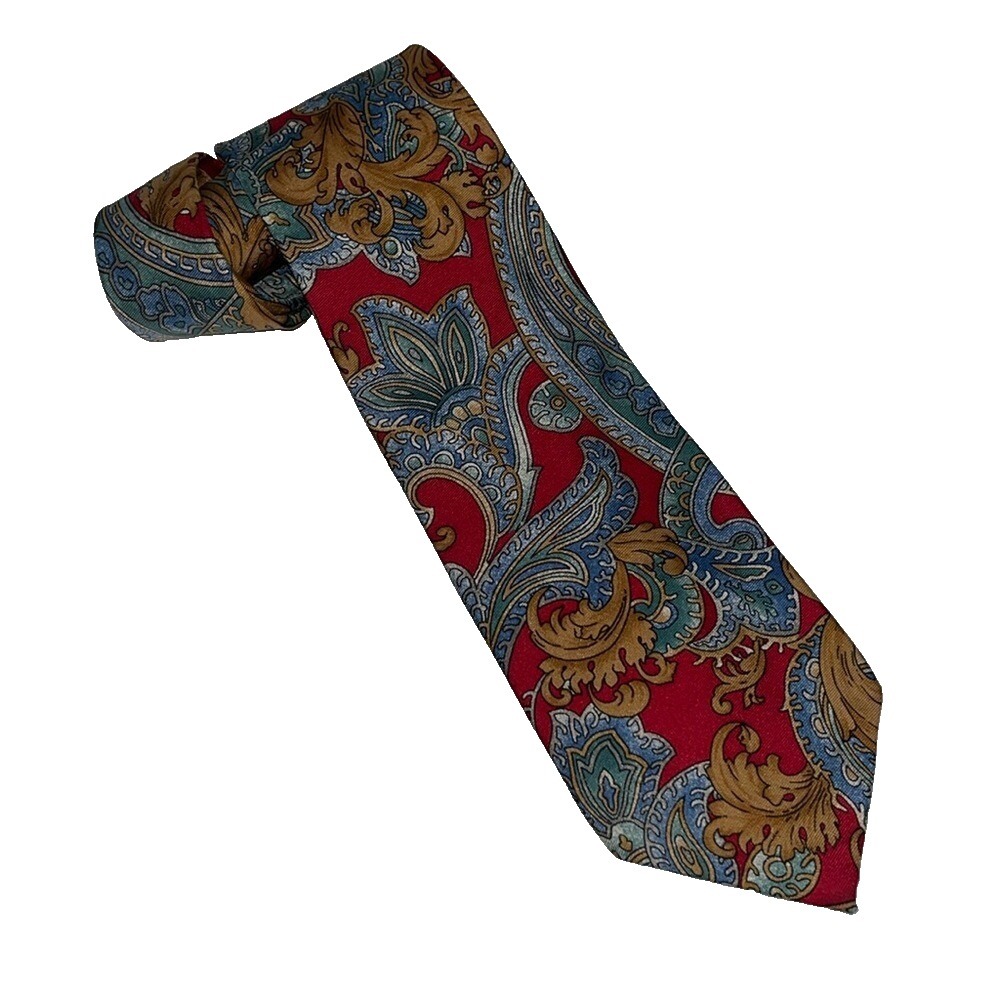 Oscar De La Renta Blue Red Brown Paisley‎ Silk Neck Tie